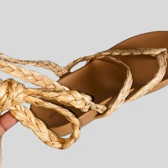 Universal Thread Raffia Rope Sandals Women’s 9.5 Tan Lace-Up Boho Summer Shoes - Picture 9 of 10